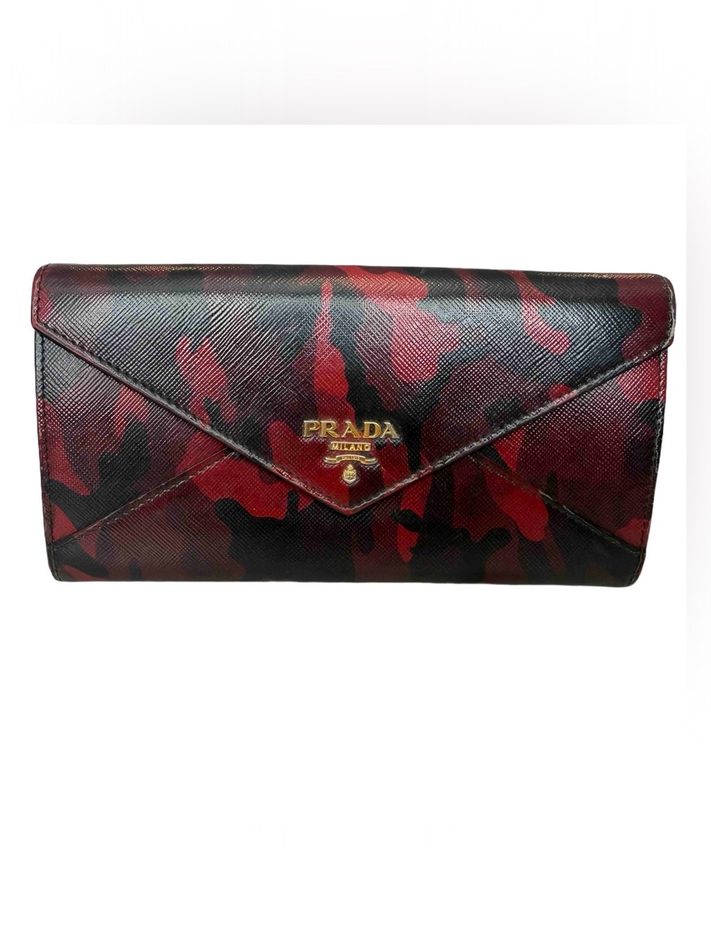 Prada Red Camo Long Wallet Saffiano Leather with Gold Logo